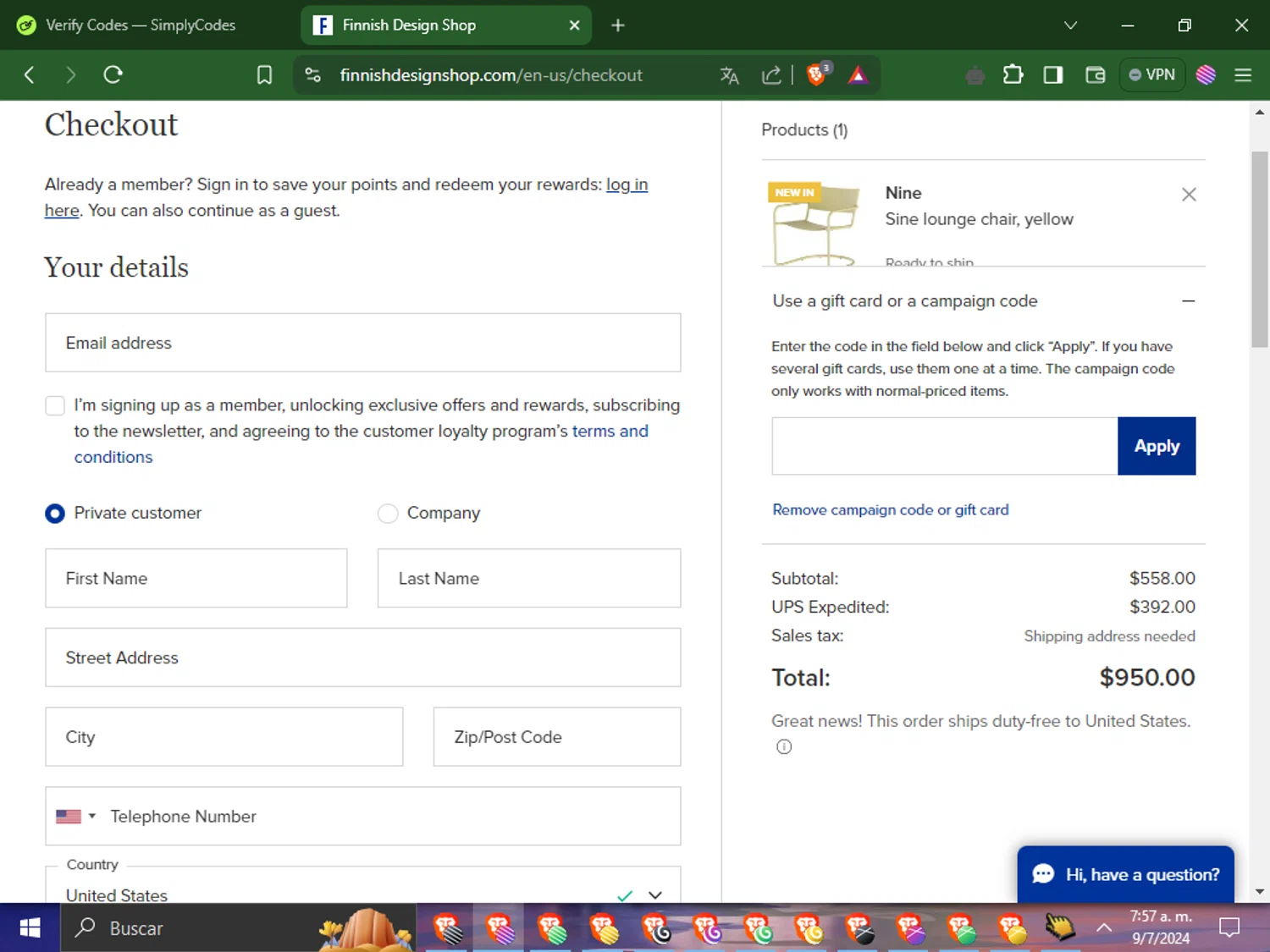 Finnish Design Shop checkout page showing Finnish Design Shop discount code box | Screenshot taken by SimplyCodes community member on Jul 9, 2024
