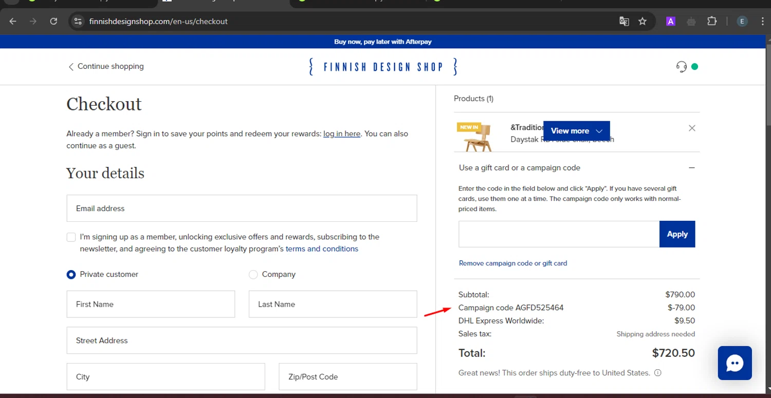 Finnish Design Shop checkout page showing Finnish Design Shop discount code box | Screenshot taken by SimplyCodes community member on Sep 2, 2024