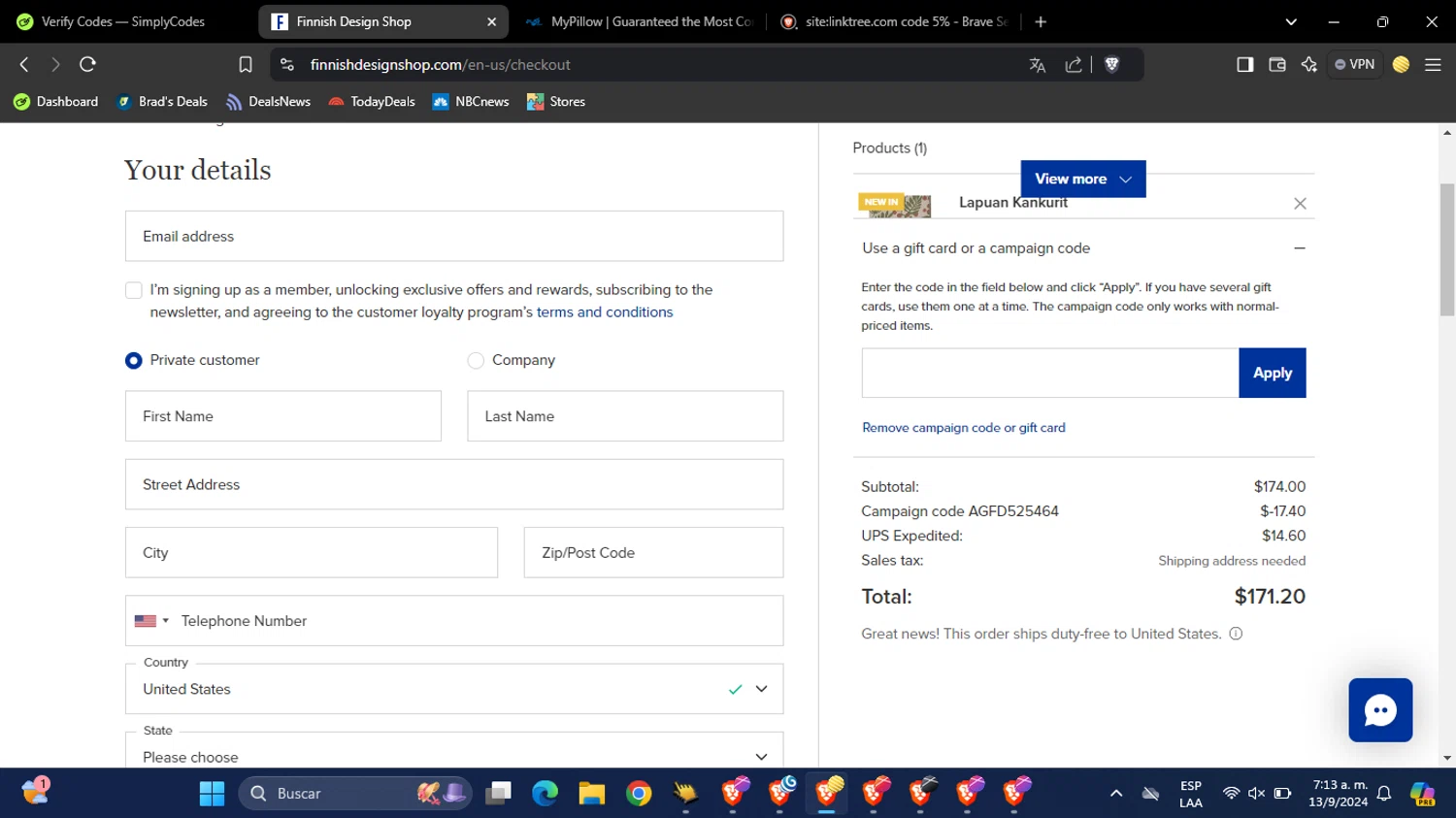 Finnish Design Shop checkout page showing Finnish Design Shop discount code box | Screenshot taken by SimplyCodes community member on Sep 13, 2024