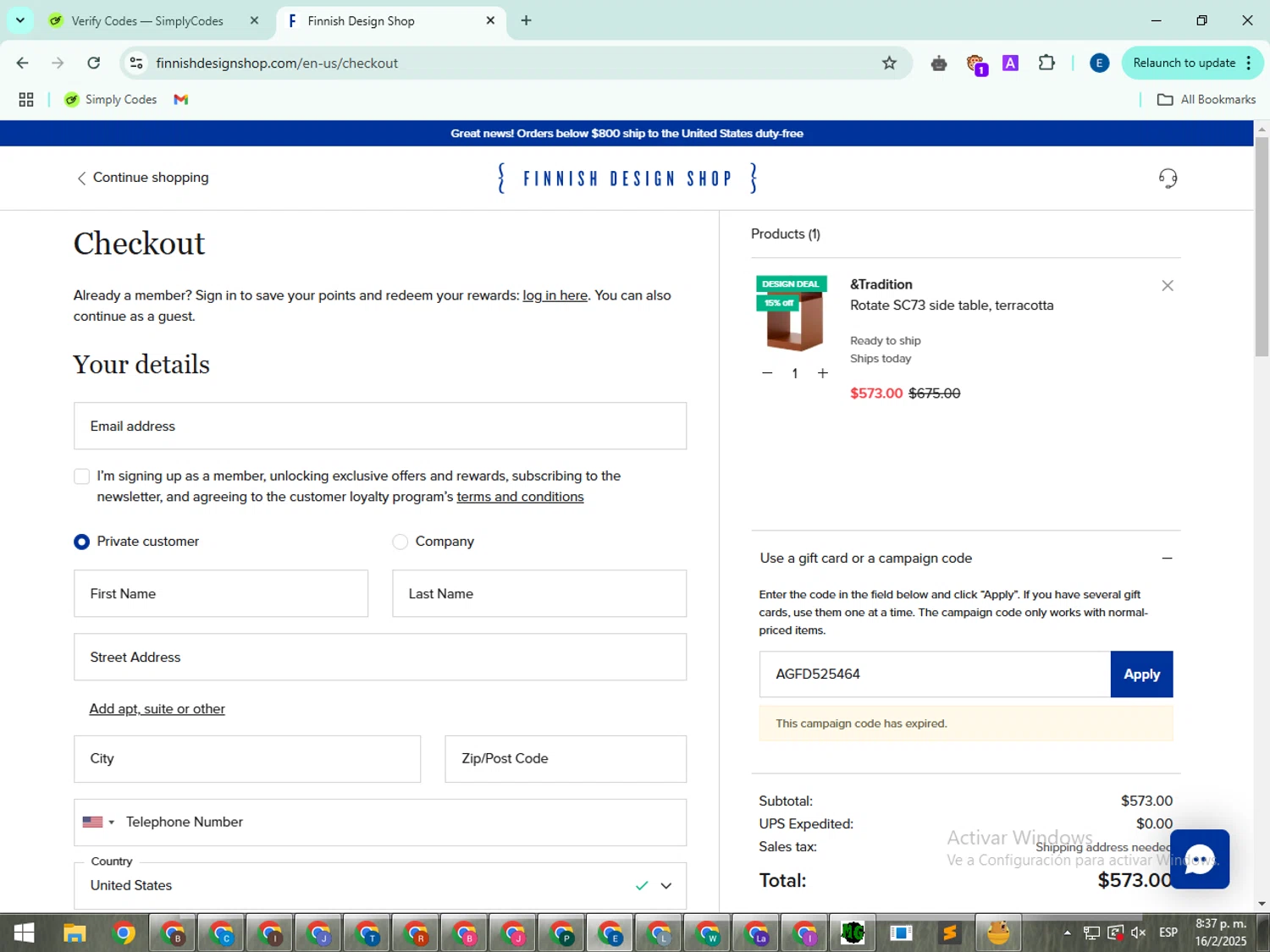 Finnish Design Shop discount code screenshot showing code AGFD525464 applied at Finnish Design Shop checkout page. Uploaded by SimplyCodes community member GloriousSentinel2997 on Feb 17, 2025