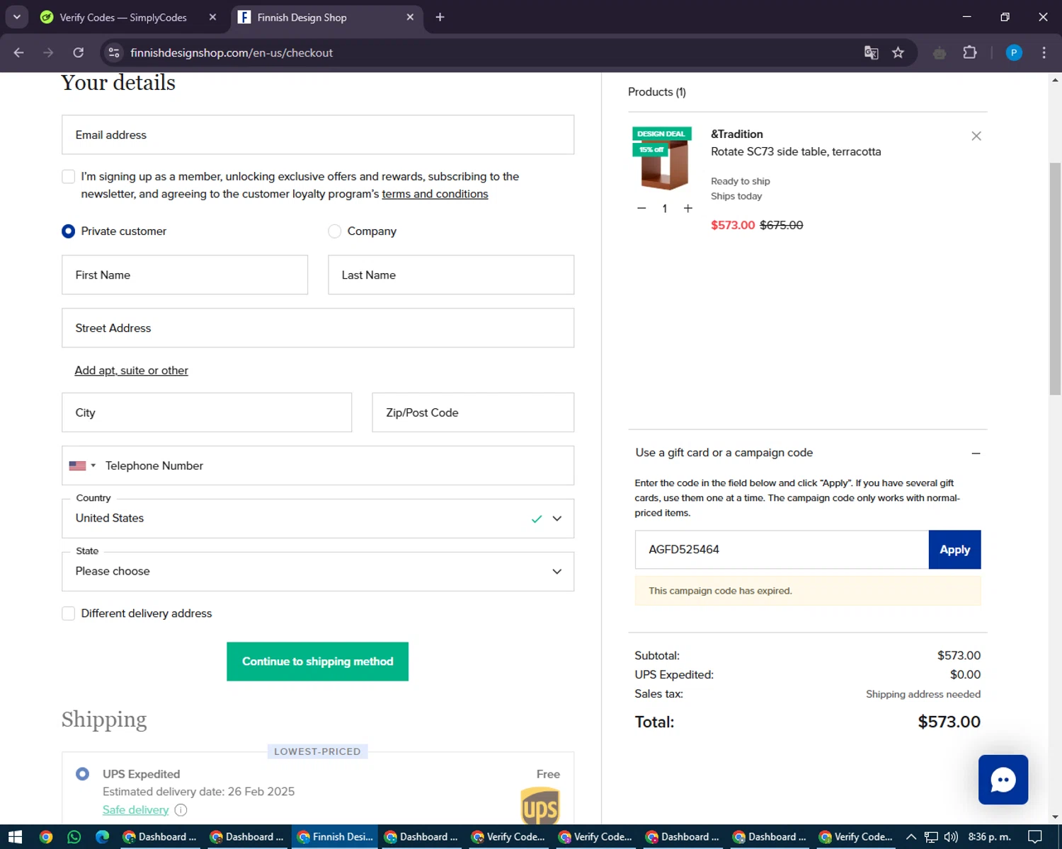 Finnish Design Shop discount code screenshot showing code AGFD525464 applied at Finnish Design Shop checkout page. Uploaded by SimplyCodes community member juiceWRLD on Feb 17, 2025