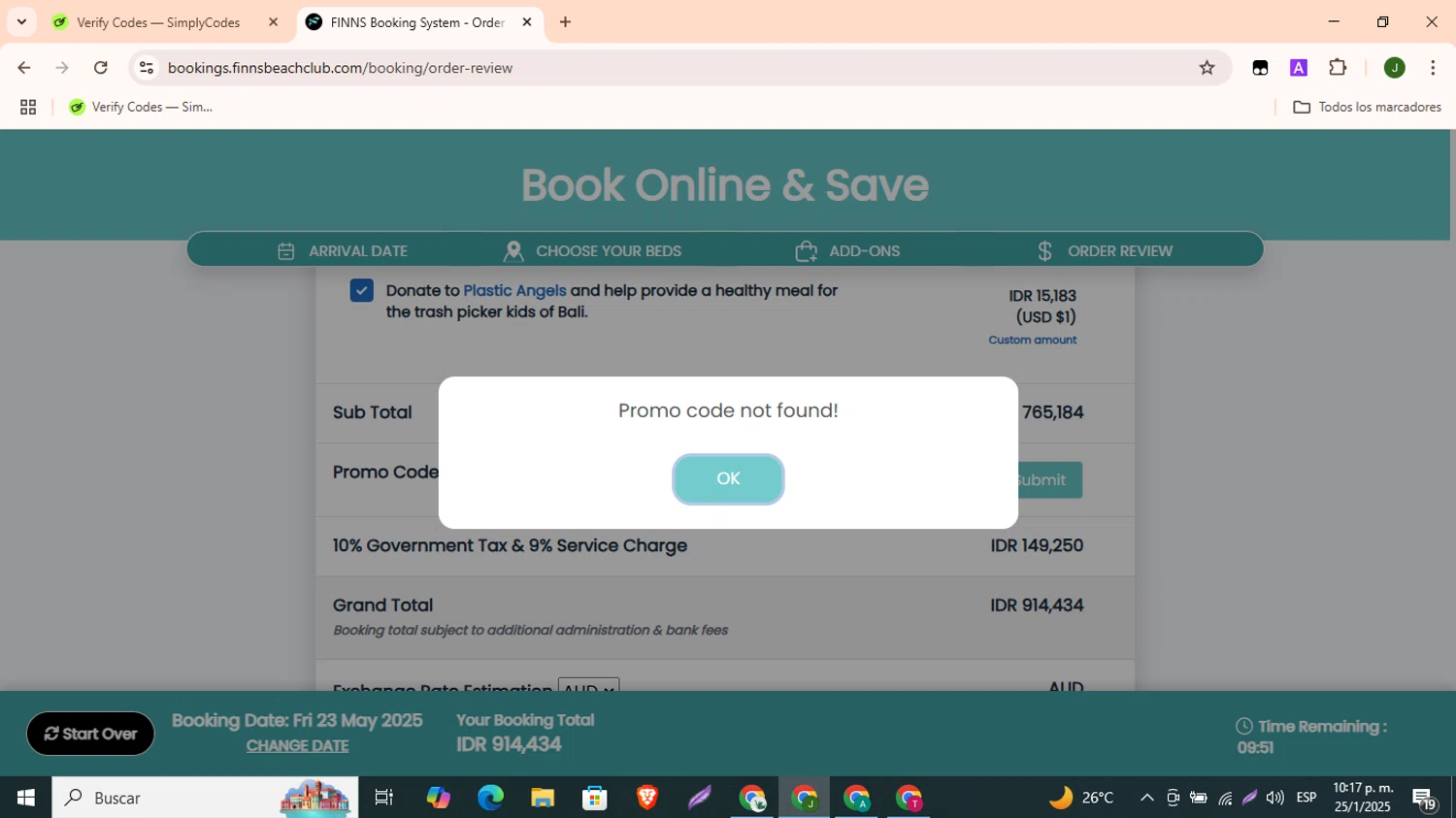 Finns Bali promo code screenshot showing code BLACKOUT applied at Finns Bali checkout page. Uploaded by SimplyCodes community member CleverBoss9743 on Jan 26, 2025