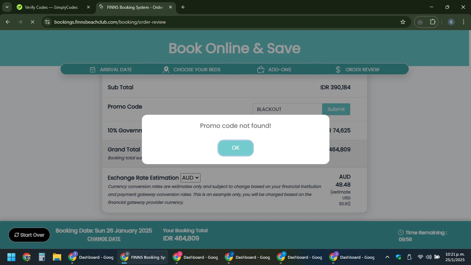 Finns Bali promo code screenshot showing code BLACKOUT applied at Finns Bali checkout page. Uploaded by SimplyCodes community member gabinharris55 on Jan 26, 2025