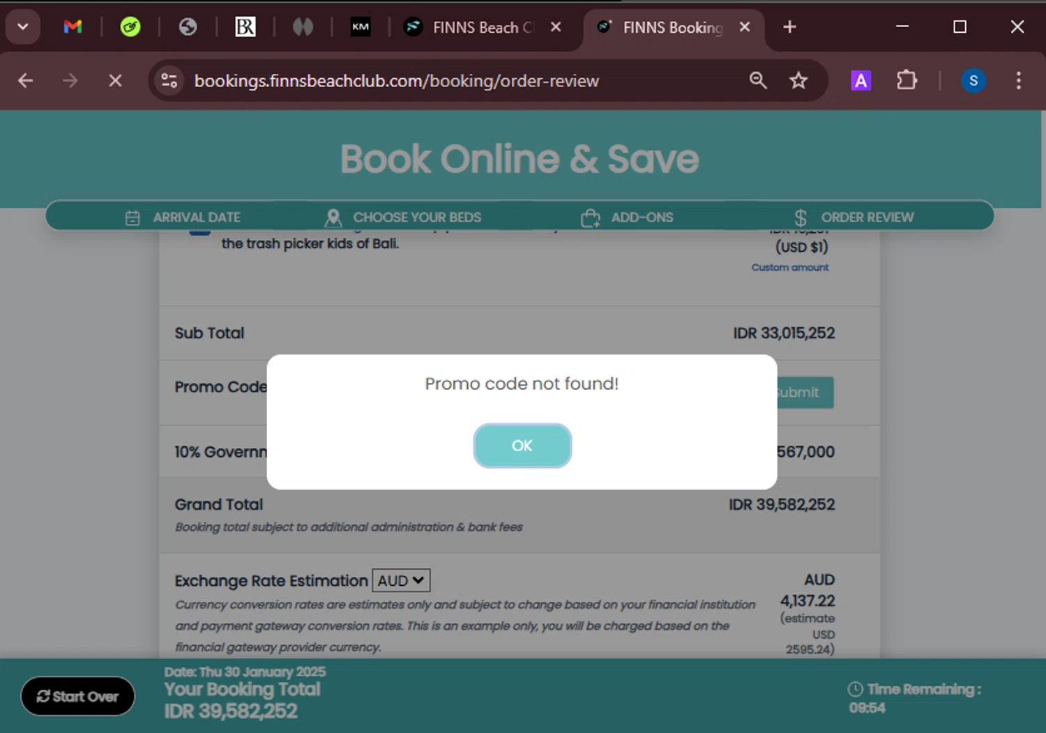 Finns Bali promo code screenshot showing code FUNATFINNS applied at Finns Bali checkout page. Uploaded by SimplyCodes community member BrandoJose1 on Jan 23, 2025