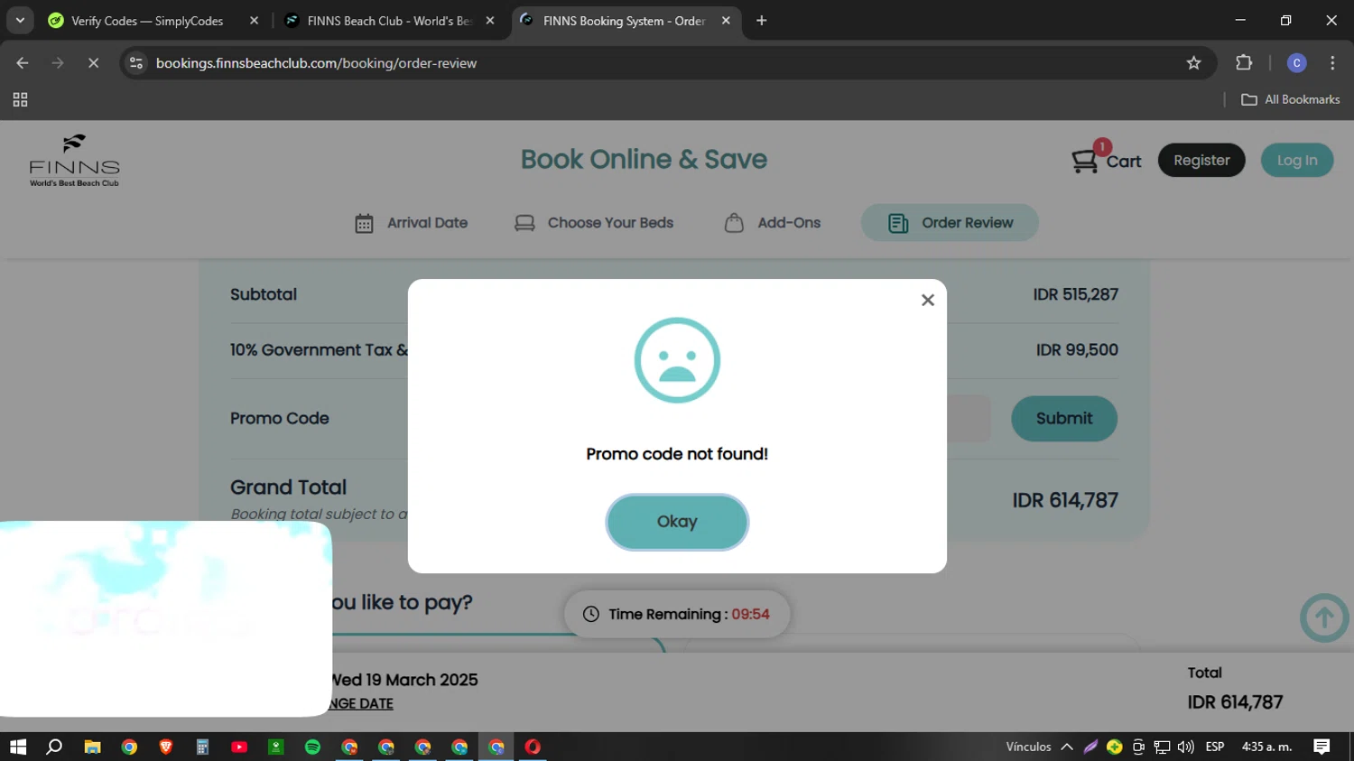 Finns Bali promo code screenshot showing code FUNATFINNS applied at Finns Bali checkout page. Uploaded by SimplyCodes community member Cotu1208 on Mar 6, 2025