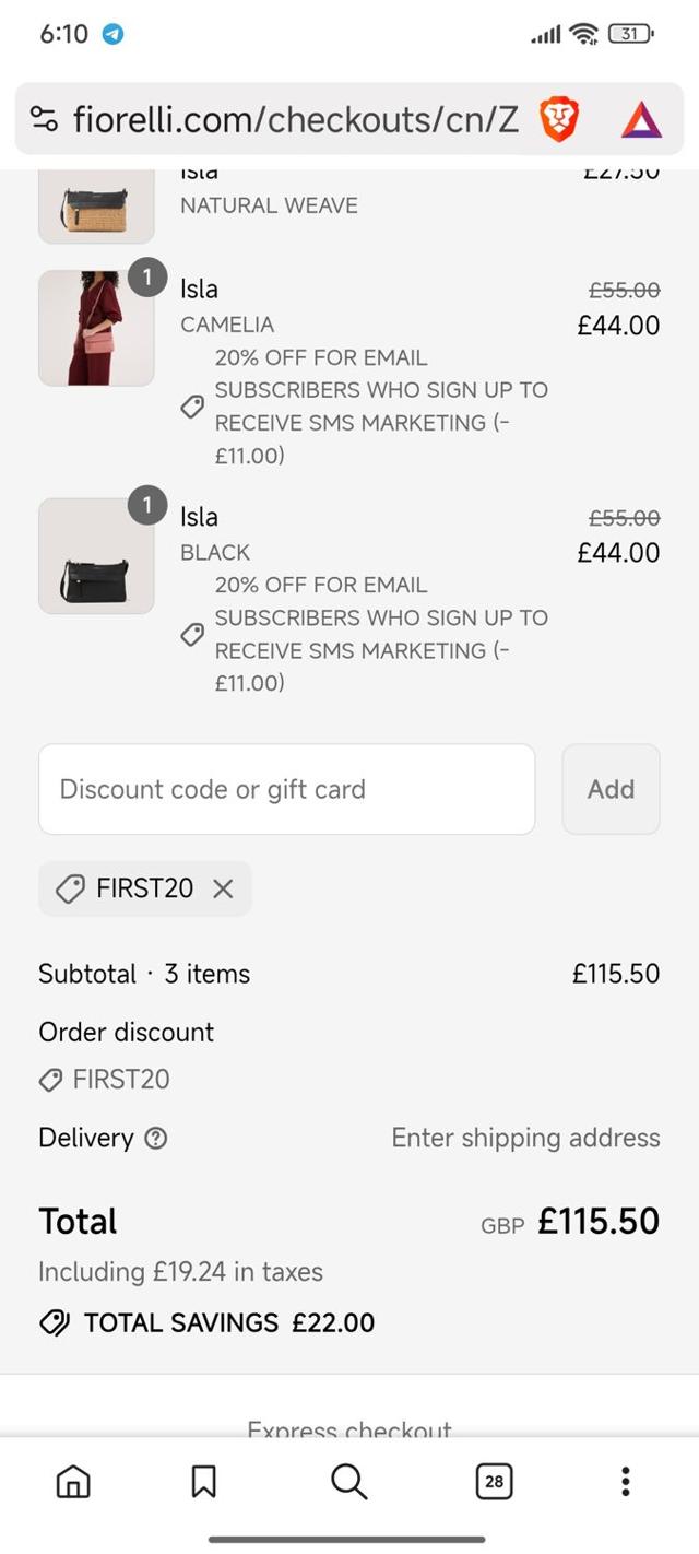 Fiorelli checkout page showing Fiorelli discount code box | Screenshot taken by SimplyCodes community member on Jul 12, 2025