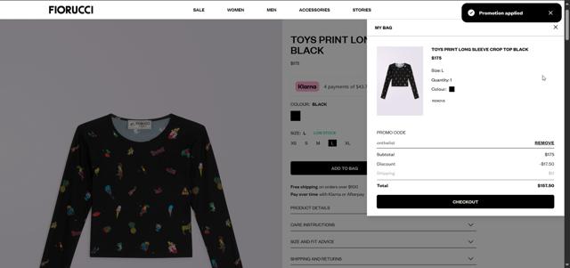 Fiorucci checkout page showing Fiorucci promo code box | Screenshot taken by SimplyCodes community member on Jun 20, 2025