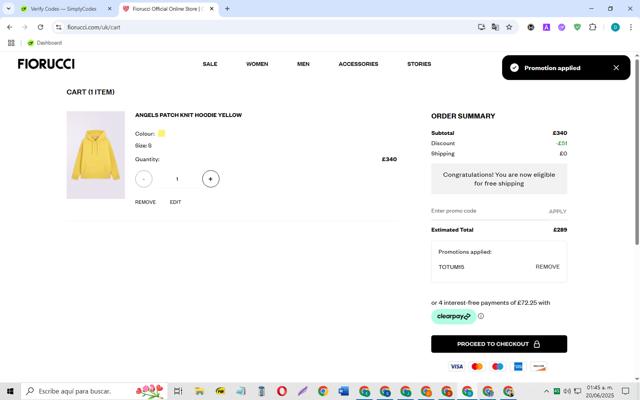 Fiorucci checkout page showing Fiorucci promo code box | Screenshot taken by SimplyCodes community member on Jun 20, 2025