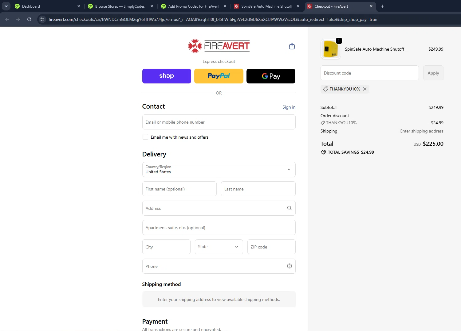 FireAvert promo code screenshot showing code THANKYOU10% applied at FireAvert checkout page. Uploaded by SimplyCodes community member VictoriousCaptain3902 on Jun 11, 2026