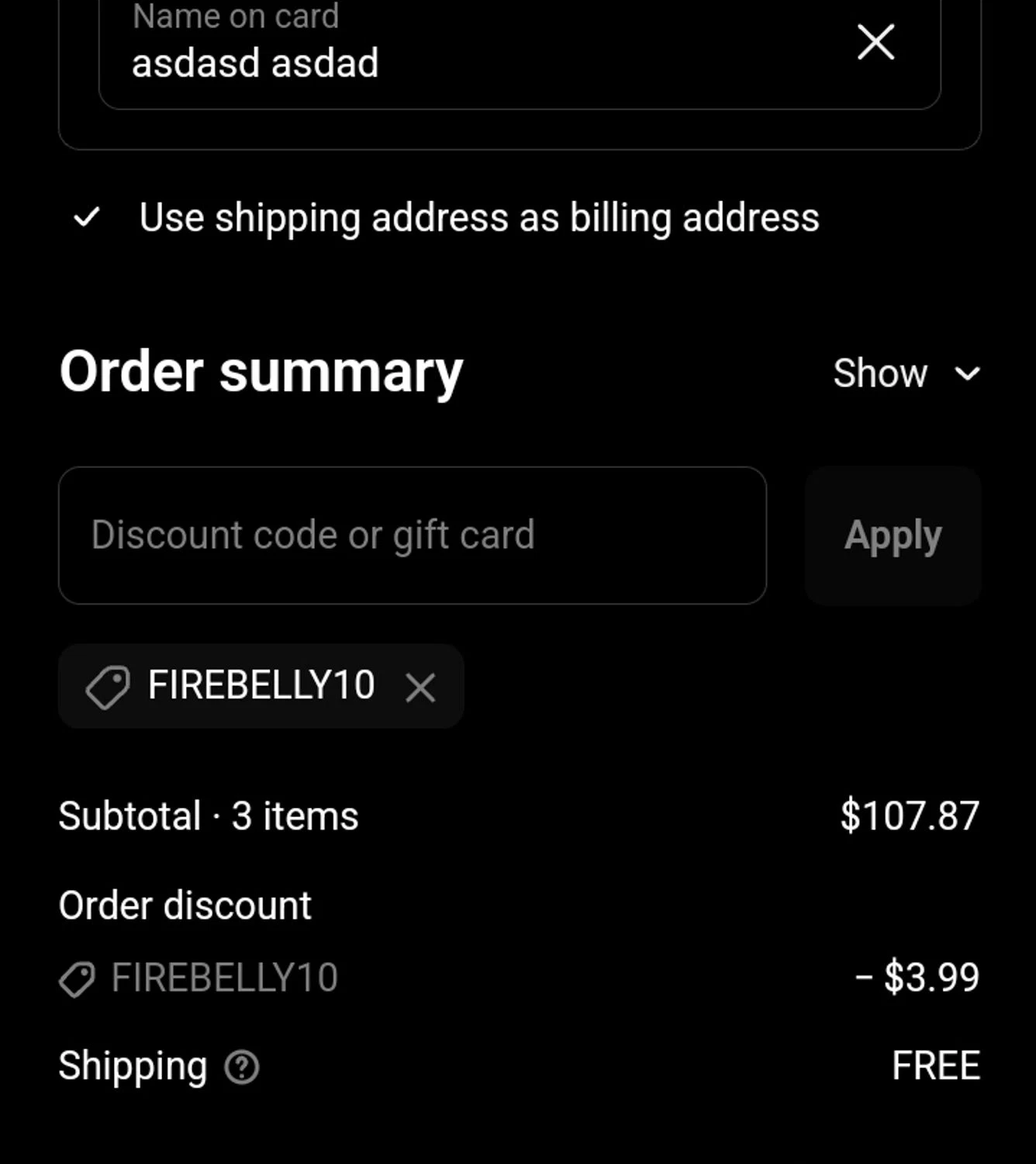 Firebelly Tea discount code screenshot showing code FIREBELLY10 applied at Firebelly Tea checkout page. Uploaded by SimplyCodes community member Sukuna_ on Sep 30, 2025