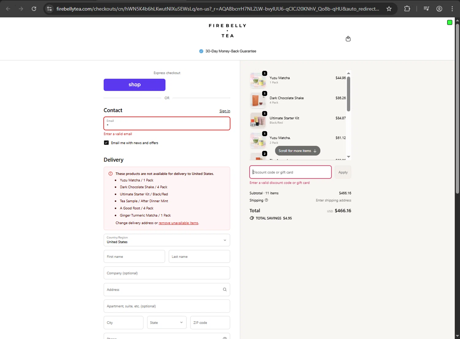 Firebelly Tea discount code screenshot showing code FIREBELLY10 applied at Firebelly Tea checkout page. Uploaded by SimplyCodes community member fiadaz on Nov 15, 2025