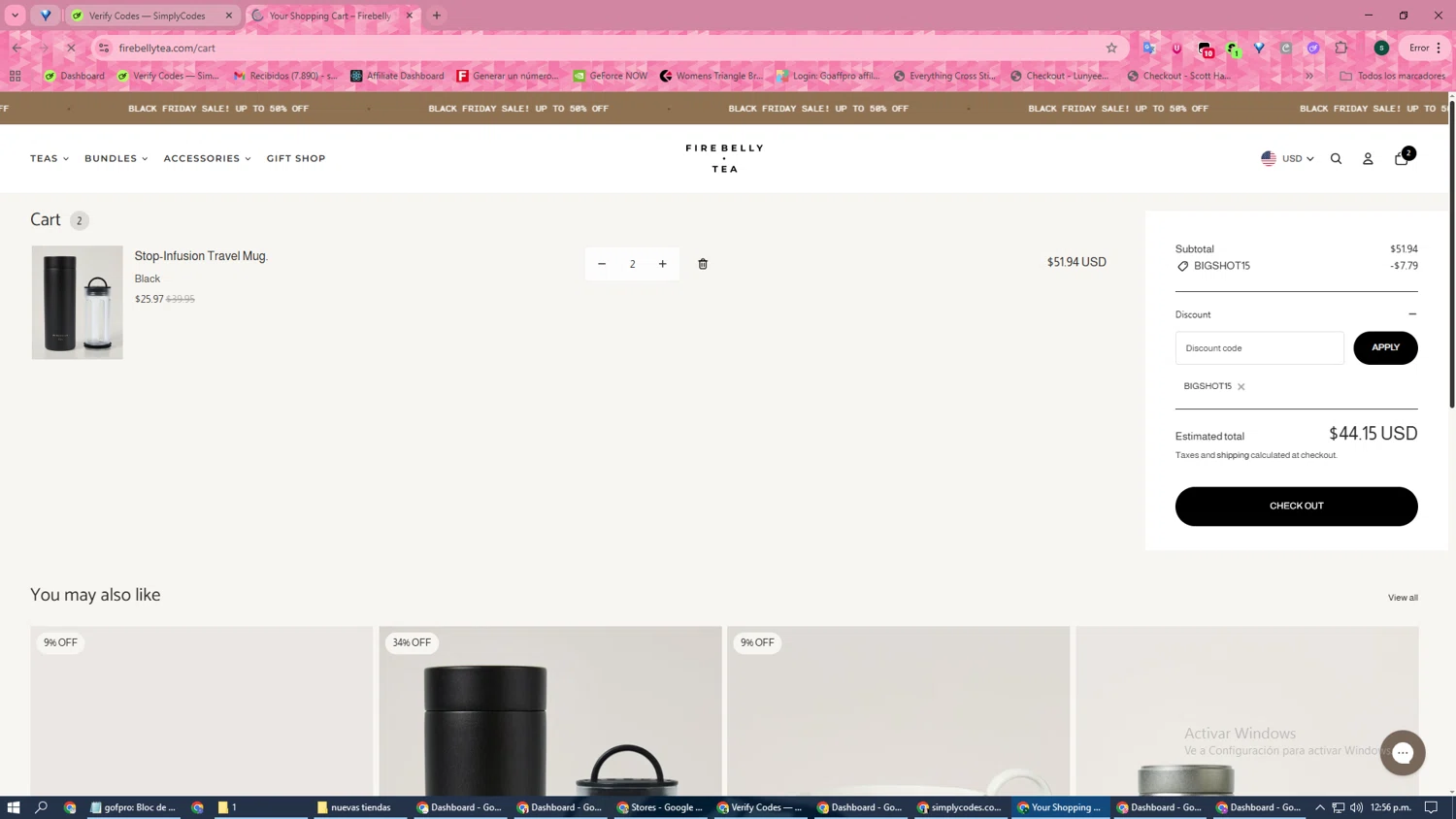 Firebelly Tea discount code screenshot showing code BIGSHOT15 applied at Firebelly Tea checkout page. Uploaded by SimplyCodes community member Rosita on Nov 20, 2025