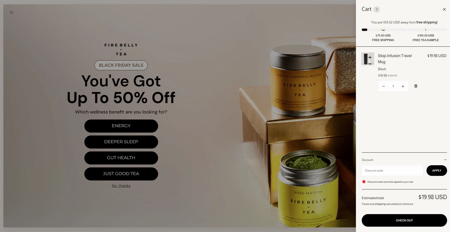 Firebelly Tea discount code screenshot showing code BIGSHOT15 applied at Firebelly Tea checkout page. Uploaded by SimplyCodes community member Underaiki on Nov 30, 2025