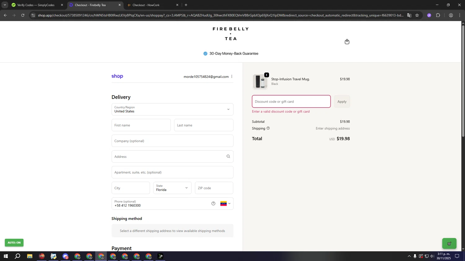 Firebelly Tea discount code screenshot showing code BIGSHOT15 applied at Firebelly Tea checkout page. Uploaded by SimplyCodes community member sssssssssssssssssssssssss on Nov 30, 2025