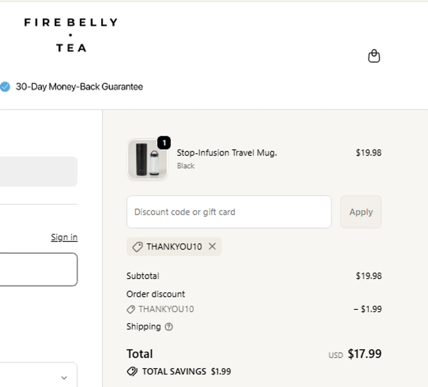 Firebelly Tea discount code screenshot showing code THANKYOU10 applied at Firebelly Tea checkout page. Uploaded by SimplyCodes community member carlosrivero on Dec 6, 2025