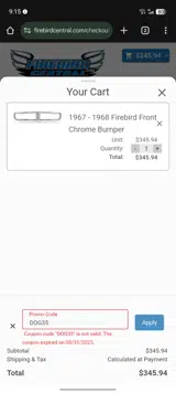 Firebird Central coupon verification screenshot
