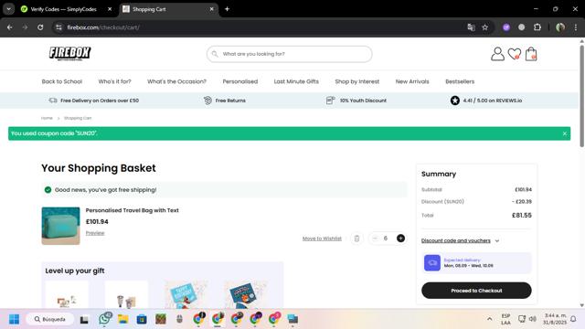Firebox checkout page showing Firebox discount code box | Screenshot taken by SimplyCodes community member on Aug 31, 2025