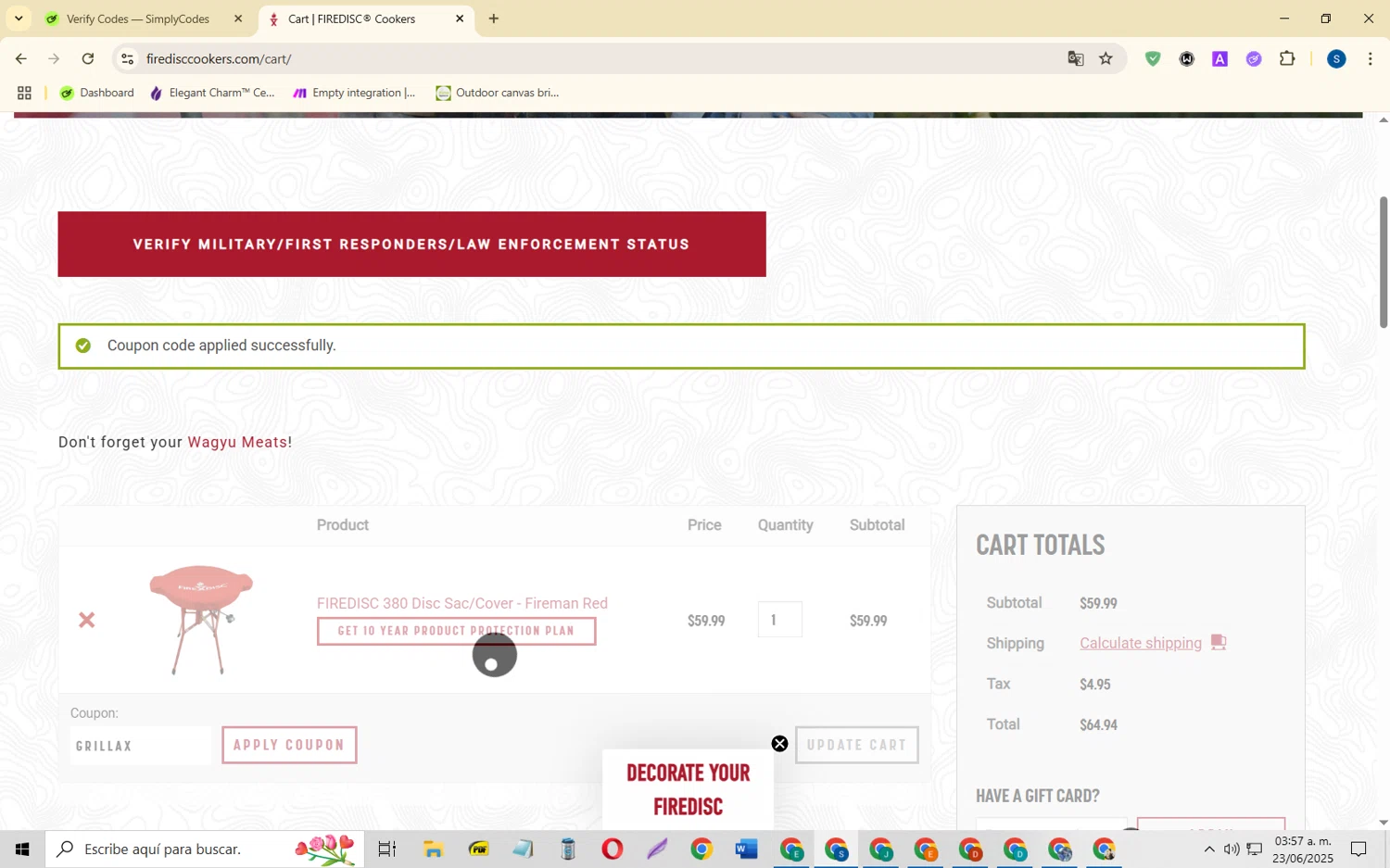 FIREDISC Cookers promo code screenshot showing code GRILLAX applied at FIREDISC Cookers checkout page. Uploaded by SimplyCodes community member CleverOwl2485 on Jun 23, 2025