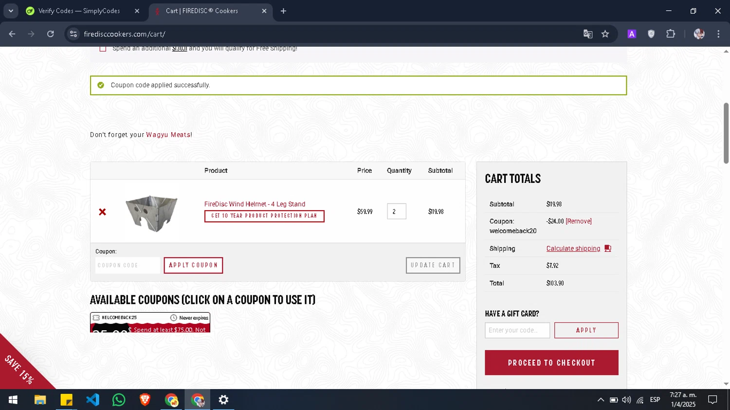 FIREDISC Cookers promo code screenshot showing code WELCOMEBACK20 applied at FIREDISC Cookers checkout page. Uploaded by SimplyCodes community member Pansito on Apr 1, 2025