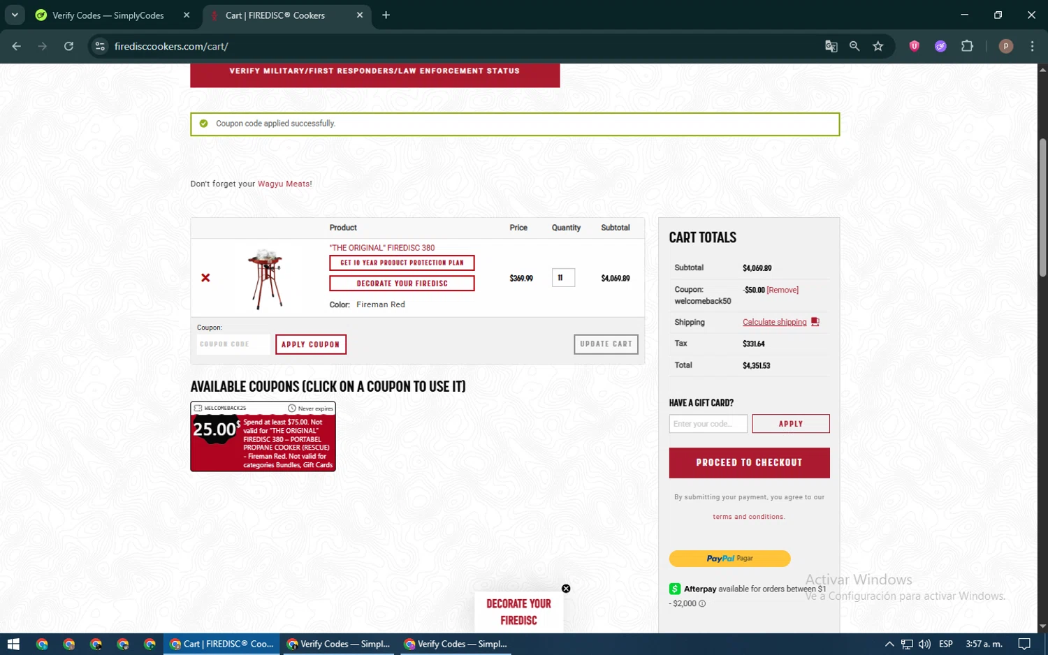FIREDISC Cookers promo code screenshot showing code WELCOMEBACK50 applied at FIREDISC Cookers checkout page. Uploaded by SimplyCodes community member RoyalSleuth6331 on Jun 23, 2025