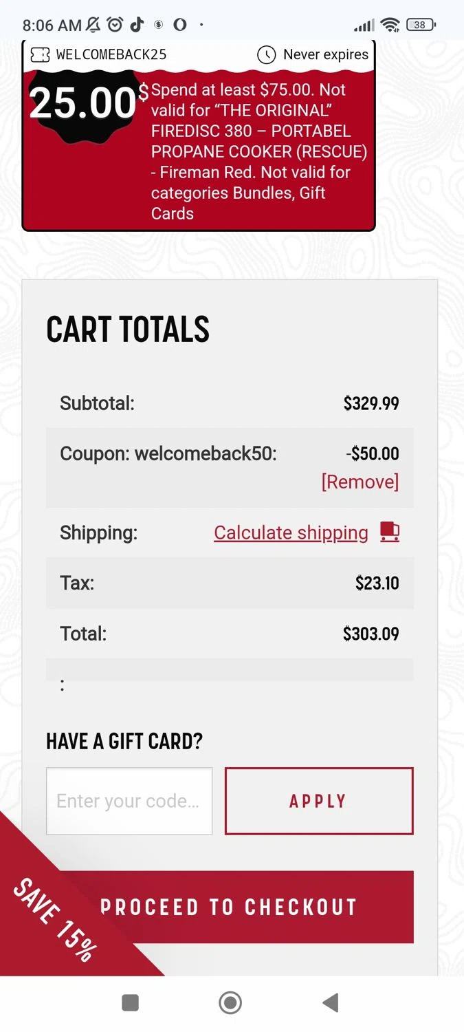 FIREDISC Cookers promo code screenshot showing code WELCOMEBACK50 applied at FIREDISC Cookers checkout page. Uploaded by SimplyCodes community member manuelescobar on Mar 28, 2025