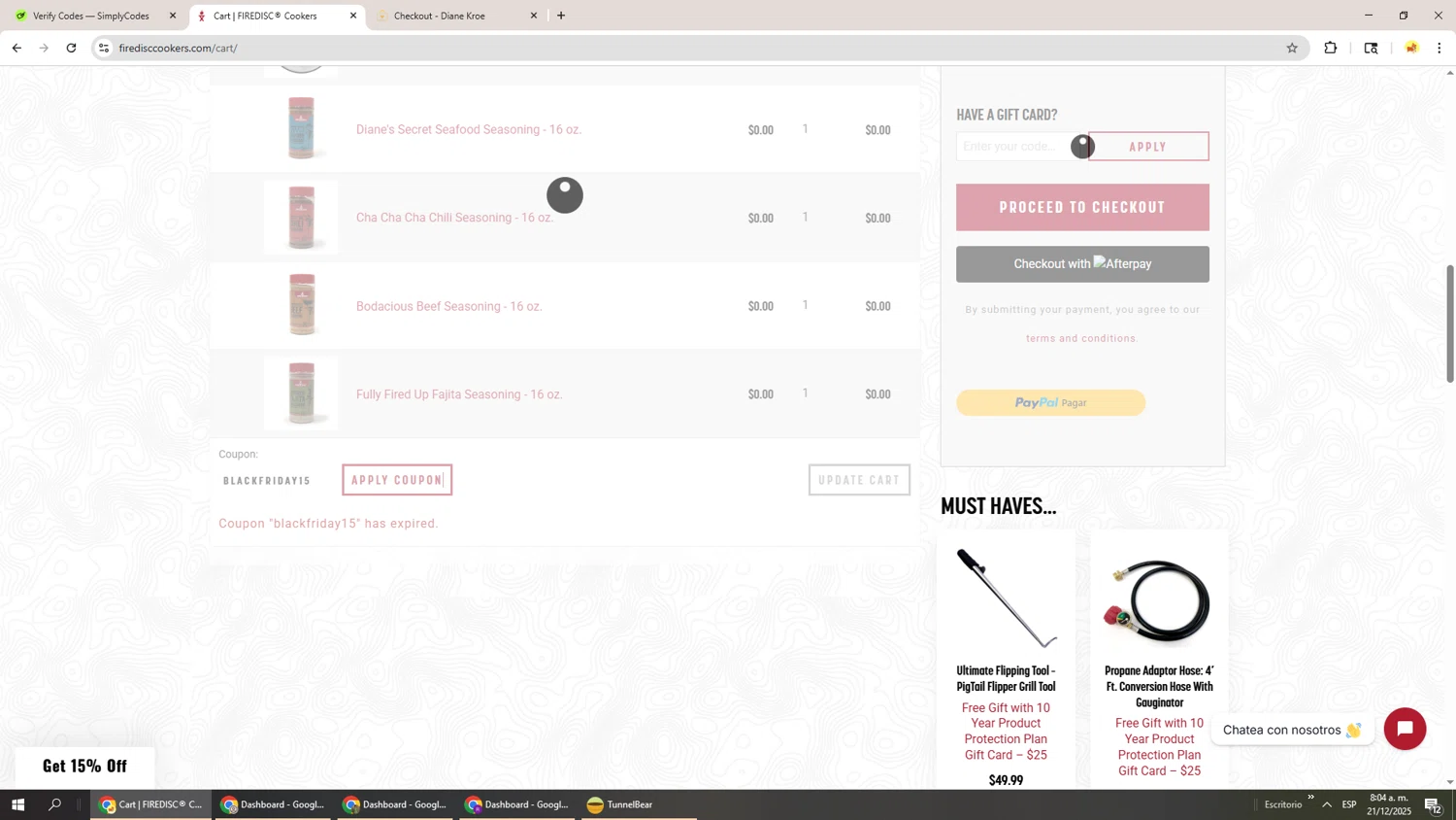 FIREDISC Cookers promo code screenshot showing code BLACKFRIDAY15 applied at FIREDISC Cookers checkout page. Uploaded by SimplyCodes community member Richard251 on Dec 21, 2025