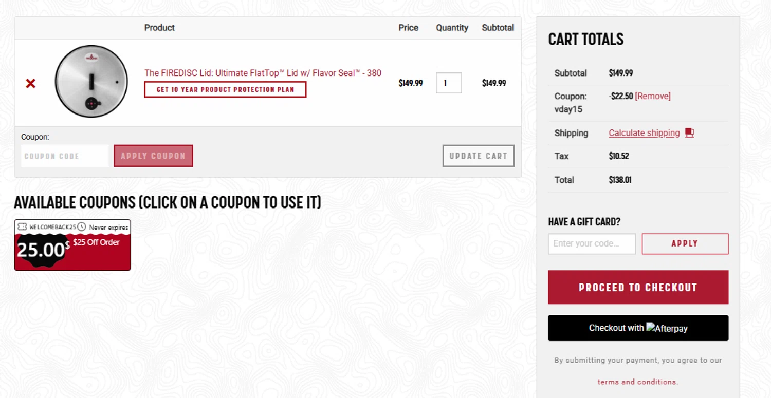 FIREDISC Cookers promo code screenshot showing code VDAY15 applied at FIREDISC Cookers checkout page. Uploaded by SimplyCodes community member tumdre on Sep 19, 2025