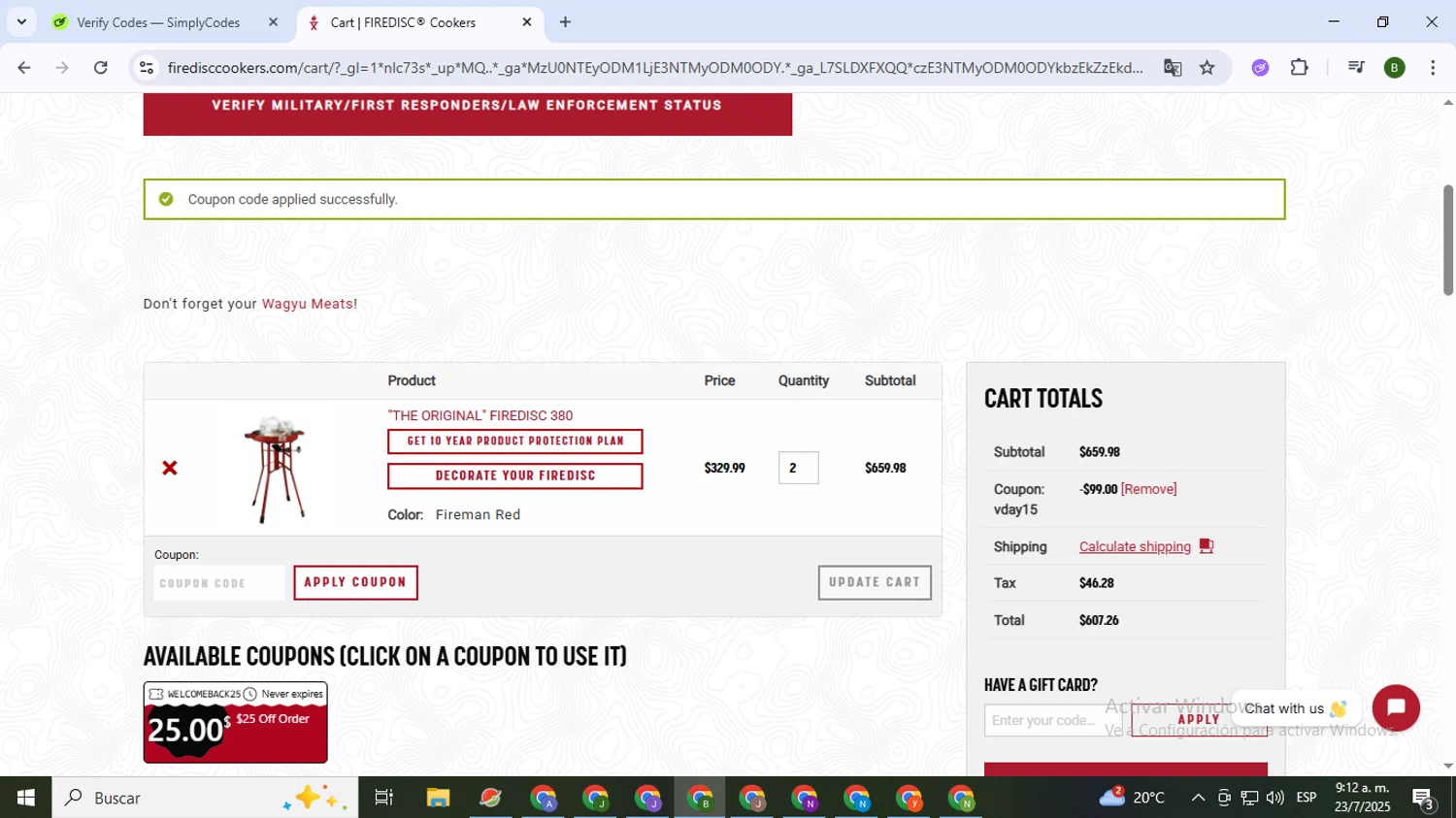 FIREDISC Cookers promo code screenshot showing code VDAY15 applied at FIREDISC Cookers checkout page. Uploaded by SimplyCodes community member SaleVirtuoso5993 on Jul 23, 2025