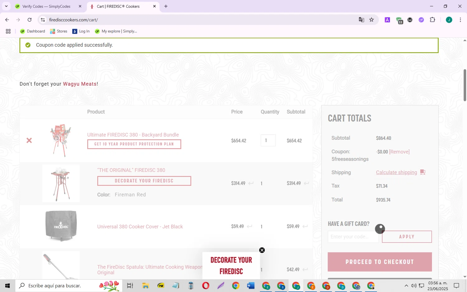FIREDISC Cookers promo code screenshot showing code VDAY15 applied at FIREDISC Cookers checkout page. Uploaded by SimplyCodes community member SarayH on Jun 23, 2025