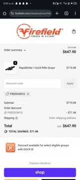 FREEDOM10 coupon verification screenshot