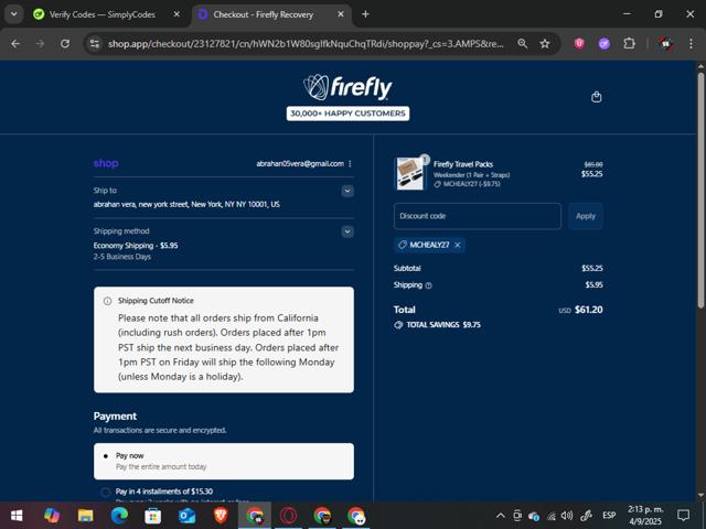 Firefly Recovery checkout page showing Firefly Recovery discount code box | Screenshot taken by SimplyCodes community member on Sep 4, 2025