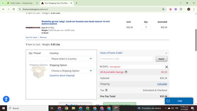 Fire Mountain Gems checkout page showing Fire Mountain Gems promo code box | Screenshot taken by SimplyCodes community member on Jul 31, 2025