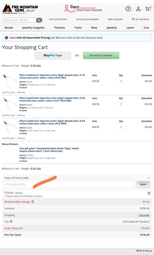 Fire Mountain Gems checkout page showing Fire Mountain Gems promo code box | Screenshot taken by SimplyCodes community member on Sep 15, 2025