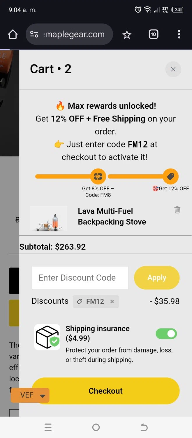 Fire Maple discount code screenshot showing code FM12 applied at Fire Maple checkout page. Uploaded by SimplyCodes community member jorgeston on Nov 10, 2025