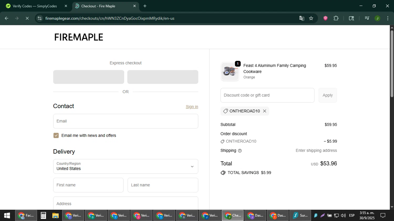 Fire Maple discount code screenshot showing code ONTHEROAD10 applied at Fire Maple checkout page. Uploaded by SimplyCodes community member ShieldFinder369 on Sep 30, 2025