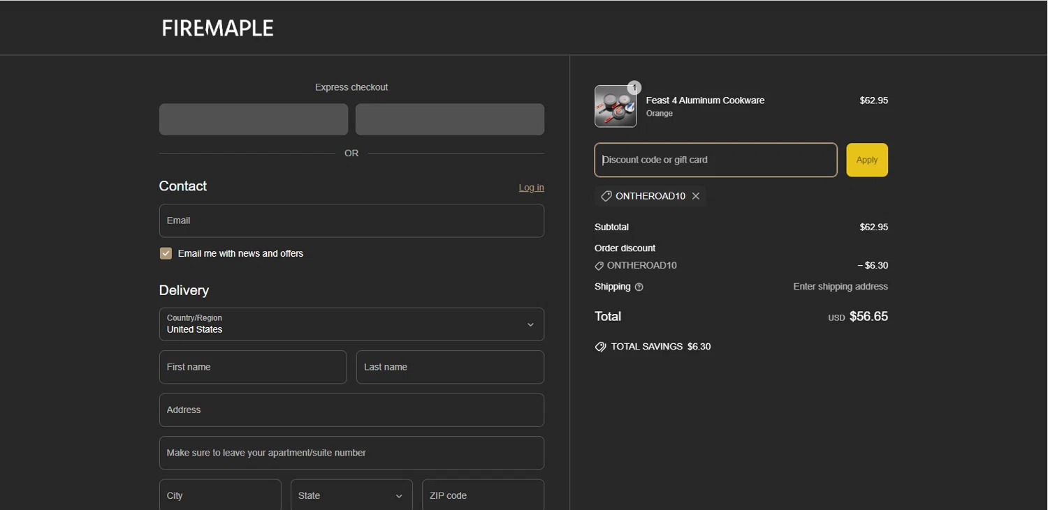 Fire Maple discount code screenshot showing code ONTHEROAD10 applied at Fire Maple checkout page. Uploaded by SimplyCodes community member dimitriv on Apr 7, 2025