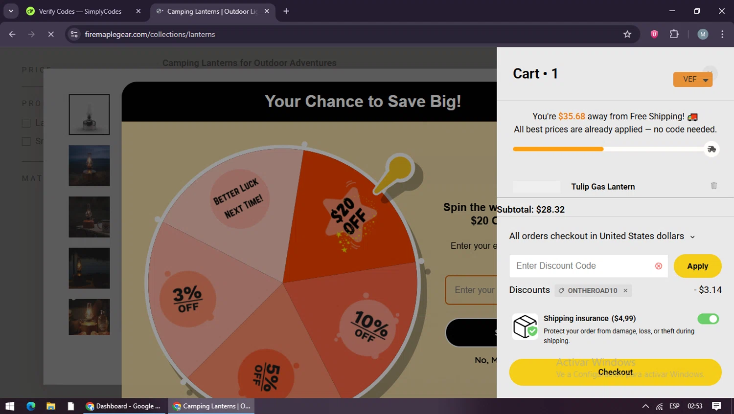 Fire Maple discount code screenshot showing code ONTHEROAD10 applied at Fire Maple checkout page. Uploaded by SimplyCodes community member maraxo on Dec 12, 2025