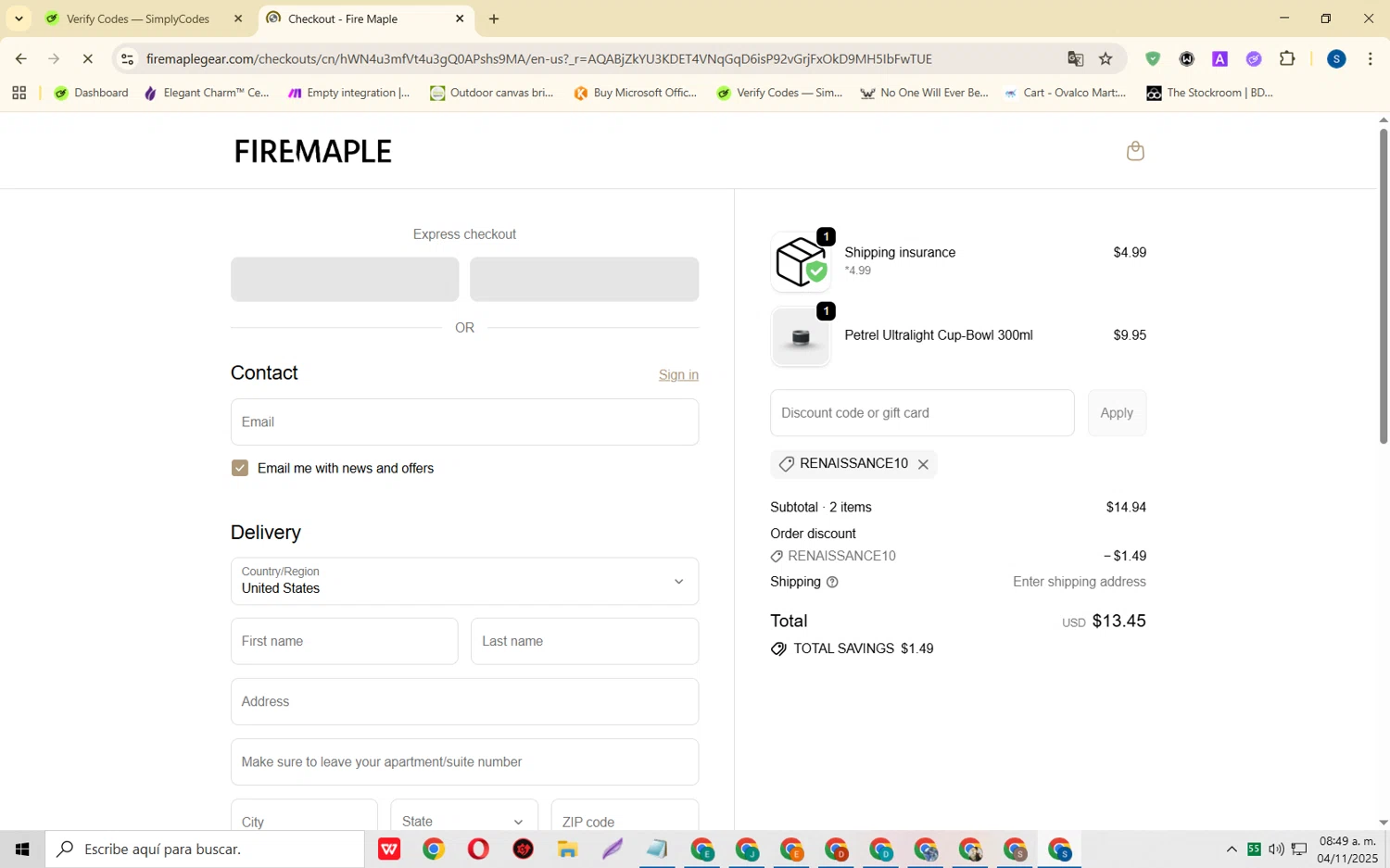 Fire Maple discount code screenshot showing code RENAISSANCE10 applied at Fire Maple checkout page. Uploaded by SimplyCodes community member CleverOwl2485 on Nov 4, 2025