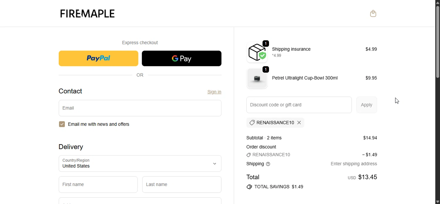 Fire Maple discount code screenshot showing code RENAISSANCE10 applied at Fire Maple checkout page. Uploaded by SimplyCodes community member LuckyPioneer1027 on Nov 10, 2025
