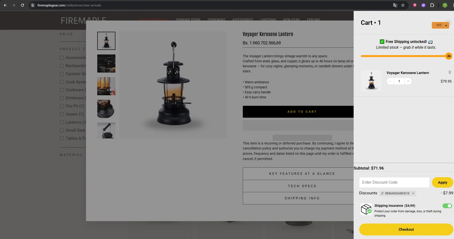 Fire Maple discount code screenshot showing code RENAISSANCE10 applied at Fire Maple checkout page. Uploaded by SimplyCodes community member SavvyNavigator1720 on Dec 1, 2025