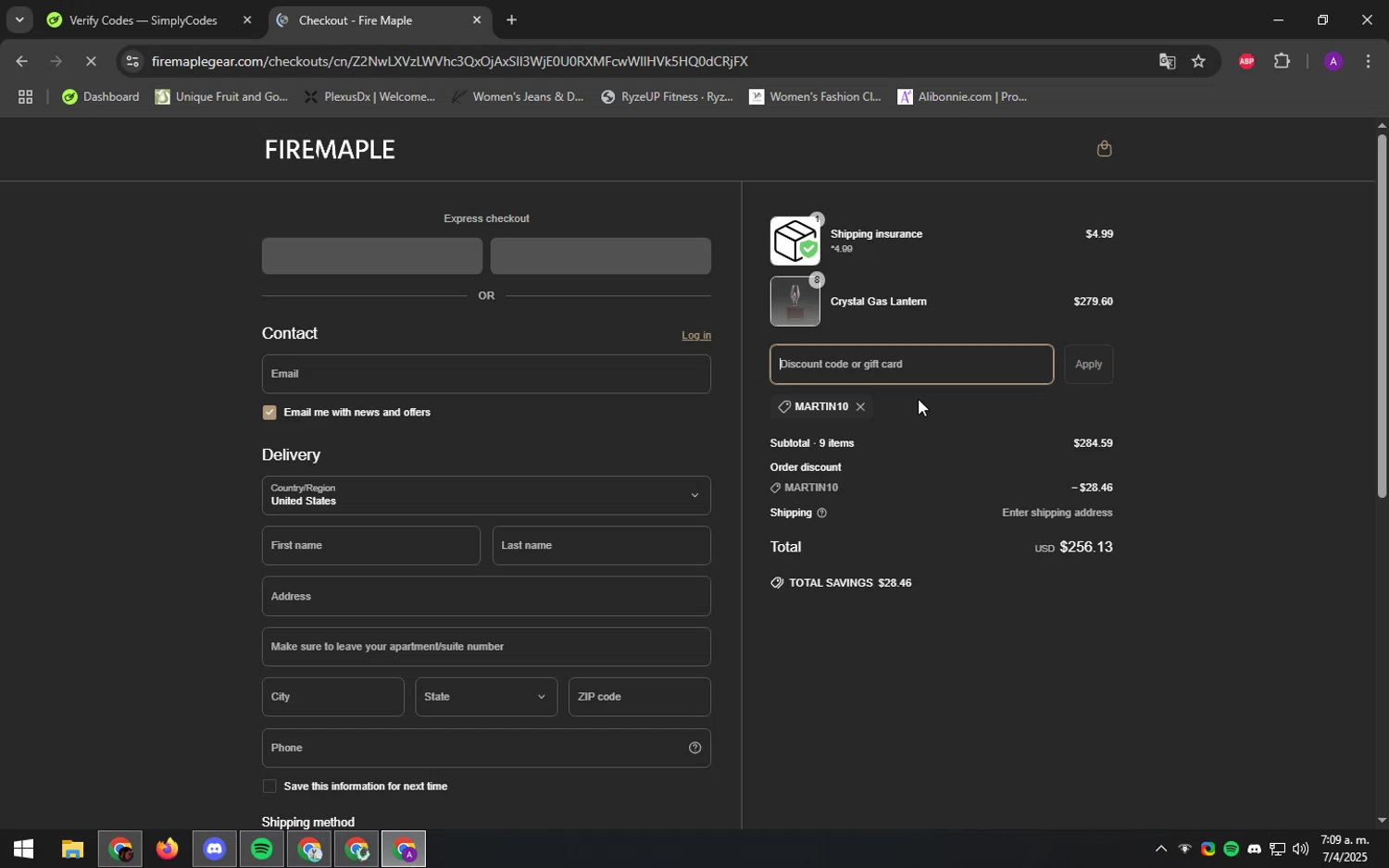 Fire Maple discount code screenshot showing code MARTIN10 applied at Fire Maple checkout page. Uploaded by SimplyCodes community member DeathBone on Apr 7, 2025