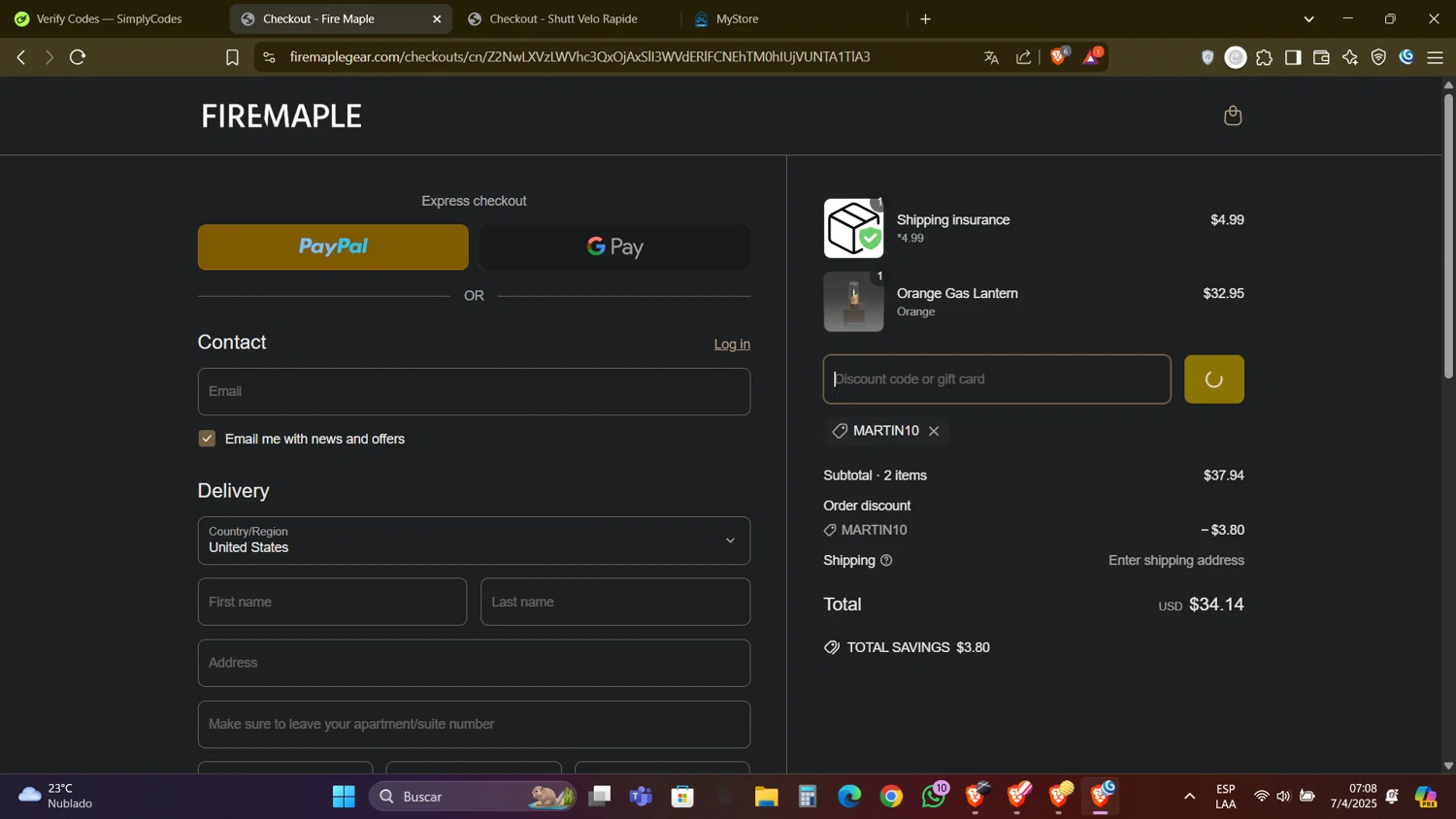 Fire Maple discount code screenshot showing code MARTIN10 applied at Fire Maple checkout page. Uploaded by SimplyCodes community member DealAdmiral5466 on Apr 7, 2025