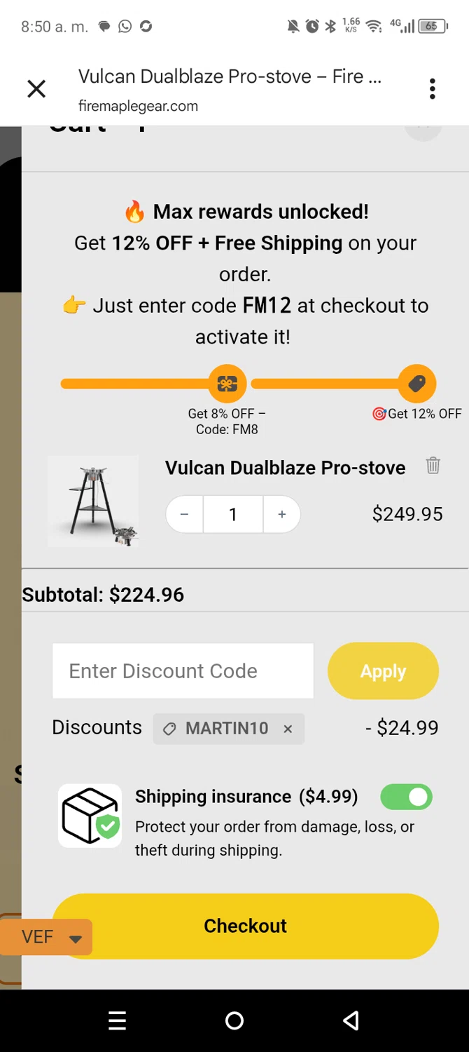 Fire Maple discount code screenshot showing code MARTIN10 applied at Fire Maple checkout page. Uploaded by SimplyCodes community member leiraM on Nov 4, 2025