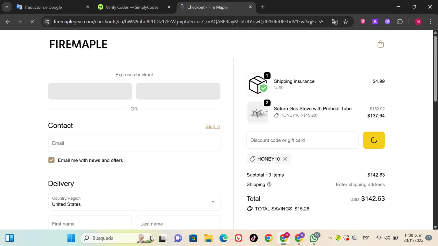 Fire Maple discount code screenshot showing code HONEY10 applied at Fire Maple checkout page. Uploaded by SimplyCodes community member SwiftPioneer1769 on Dec 1, 2025