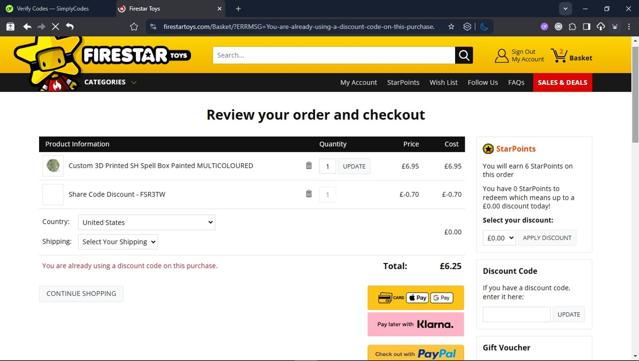 FireStar Toys checkout page showing FireStar Toys discount code box | Screenshot taken by SimplyCodes community member on Aug 6, 2025