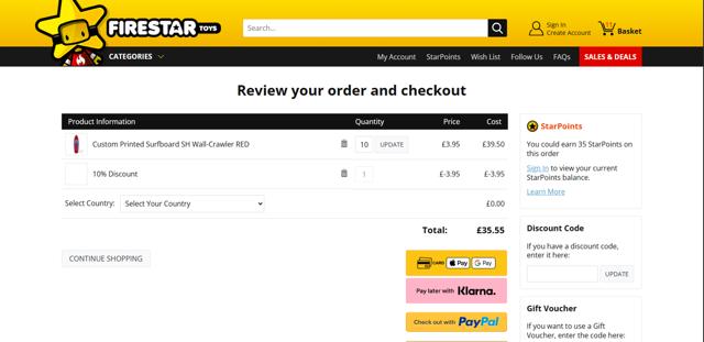 FireStar Toys checkout page showing FireStar Toys discount code box | Screenshot taken by SimplyCodes community member on Aug 6, 2025