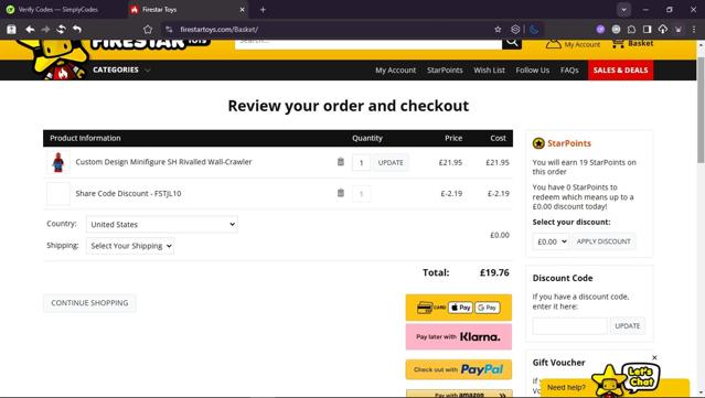 FireStar Toys checkout page showing FireStar Toys discount code box | Screenshot taken by SimplyCodes community member on Aug 6, 2025