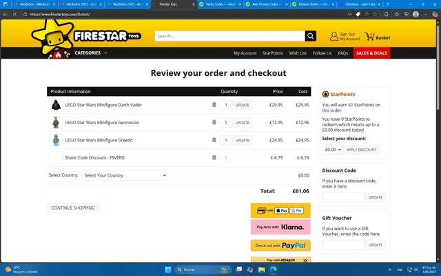 FireStar Toys checkout page showing FireStar Toys discount code box | Screenshot taken by SimplyCodes community member on Aug 6, 2025