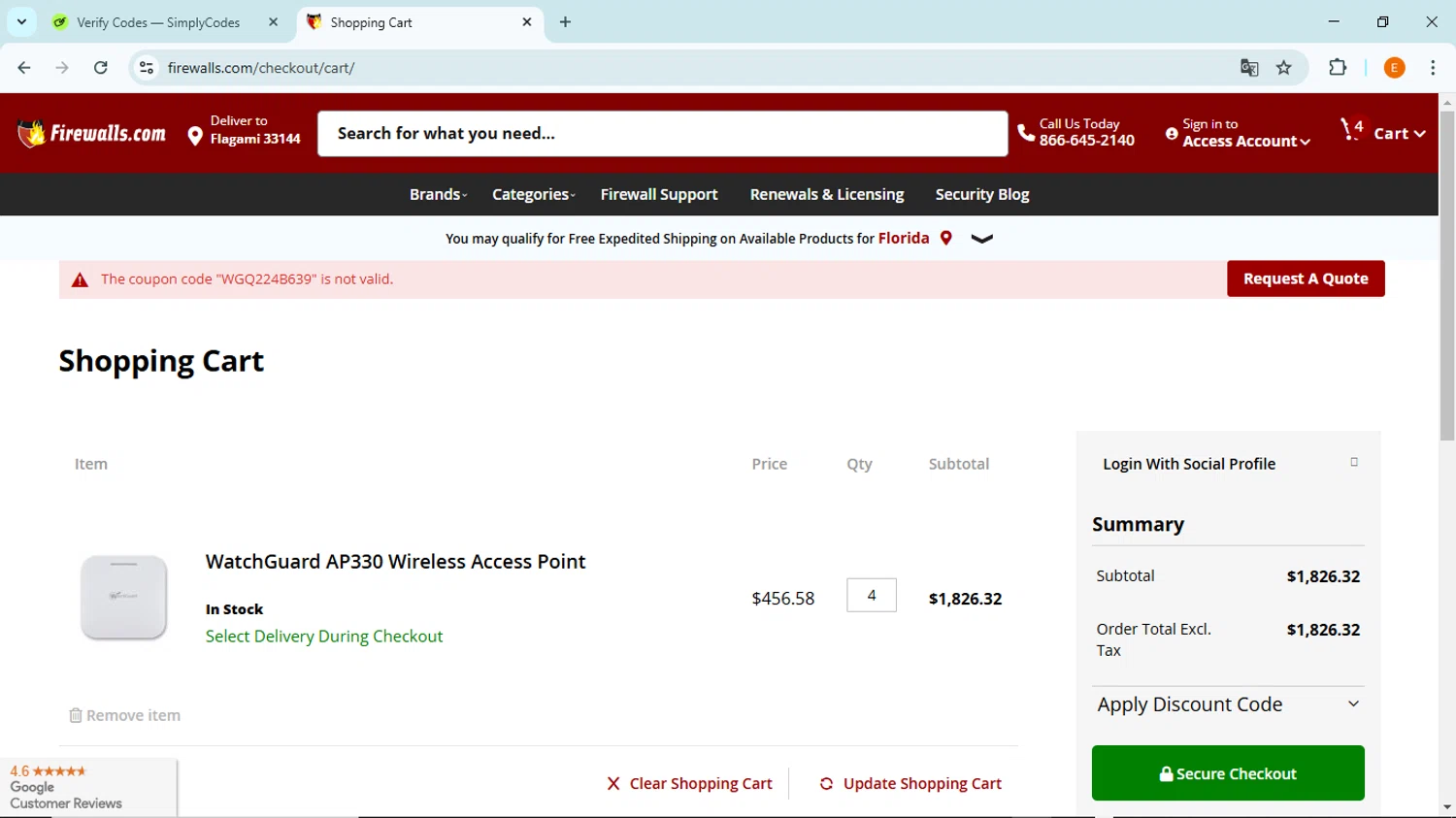 Firewalls.com promo code screenshot showing code WGQ224B639 applied at Firewalls.com checkout page. Uploaded by SimplyCodes community member BudgetFox5491 on Feb 7, 2025