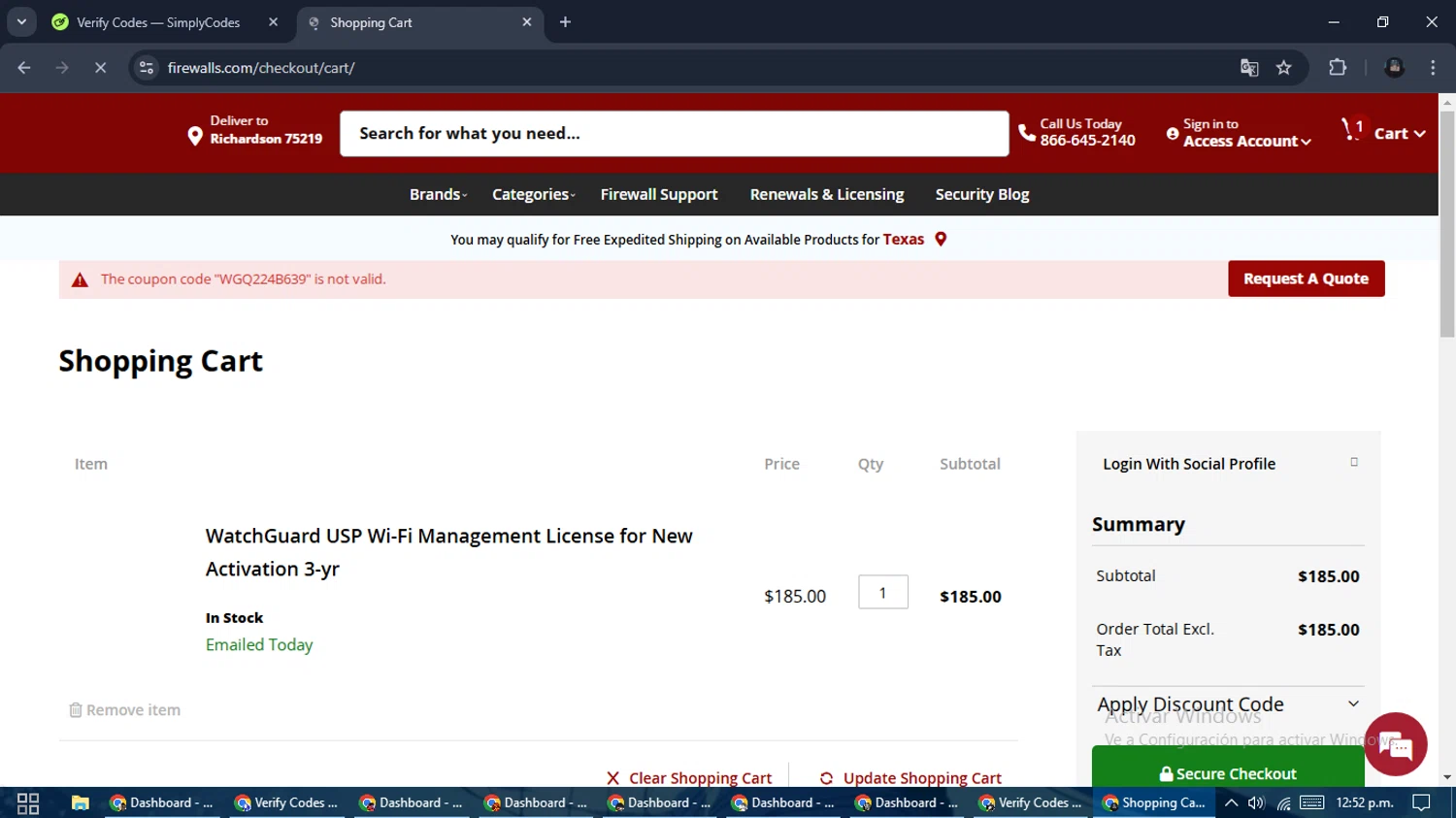 Firewalls.com promo code screenshot showing code WGQ224B639 applied at Firewalls.com checkout page. Uploaded by SimplyCodes community member ValueElite5945 on Feb 26, 2025